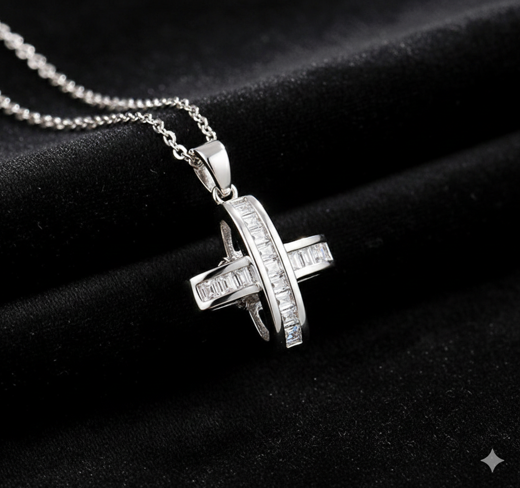 Retro Crystal Cross Pendant Necklace 925 Sterling Silver Plated Womens Jewellery