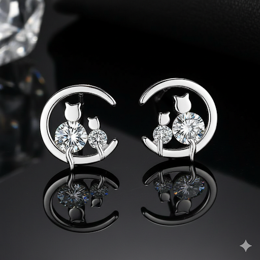 Womens Girls 925 Sterling Silver Crystal Moon Cats Stud Earrings Jewellery Gift
