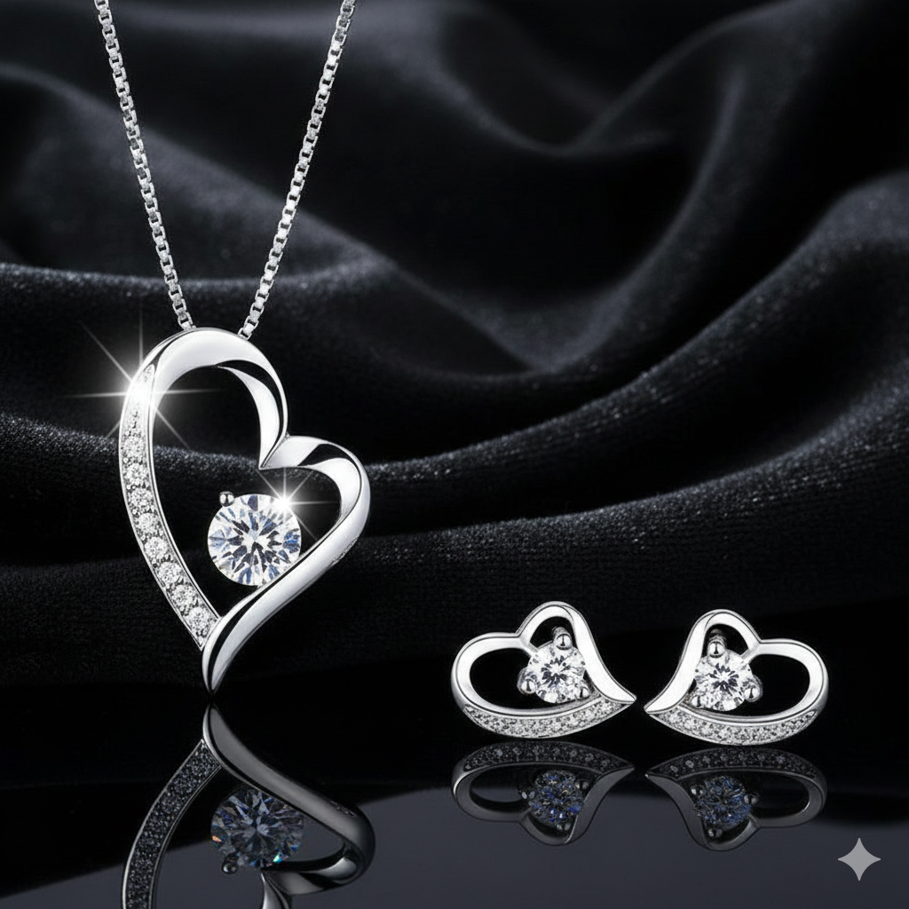 925 Sterling Silver Crystal Heart Pendant Necklace Stud Earrings Womens Gift