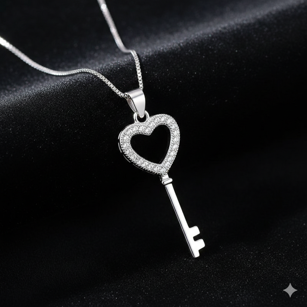 Women Crystal Heart Key Pendant Chain Necklace 925 Sterling Silver Jewellery UK